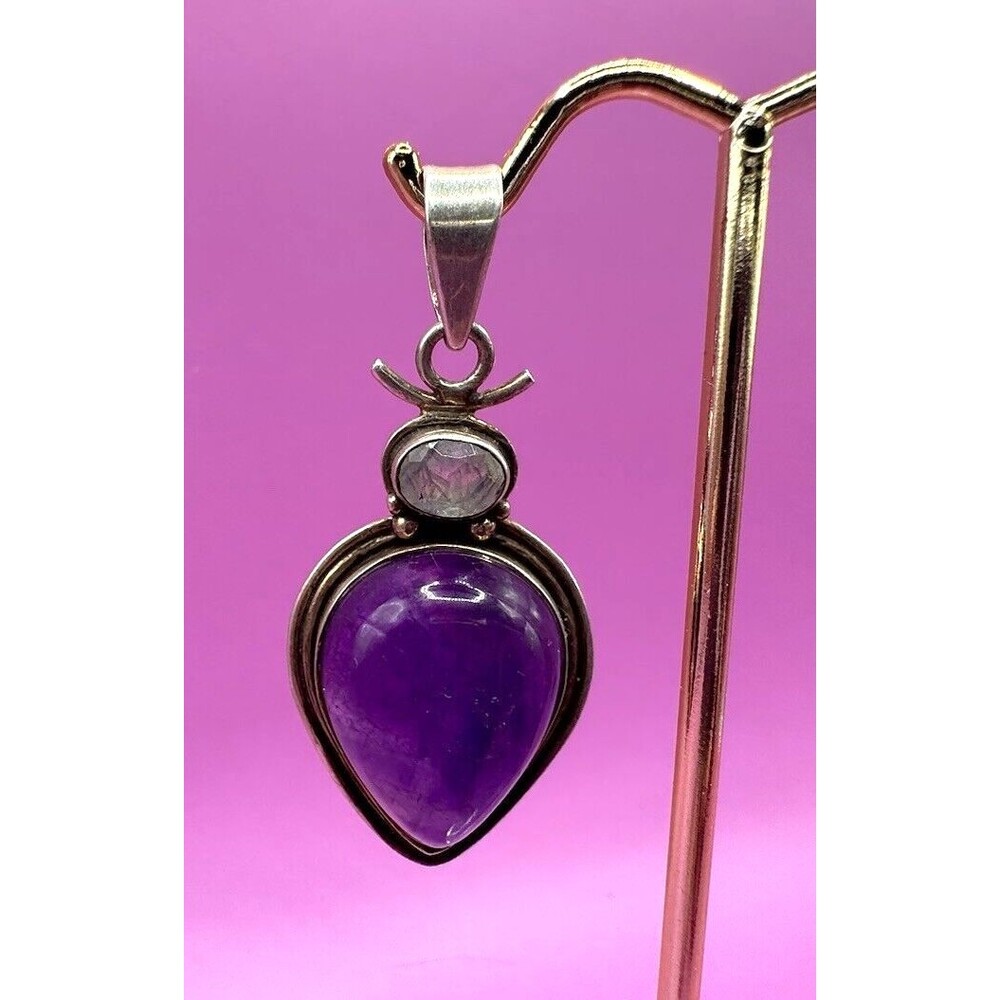 Artisan Amethyst Moonstone Sterling Pendant Pear Shaped Cabachon Faceted Stamped